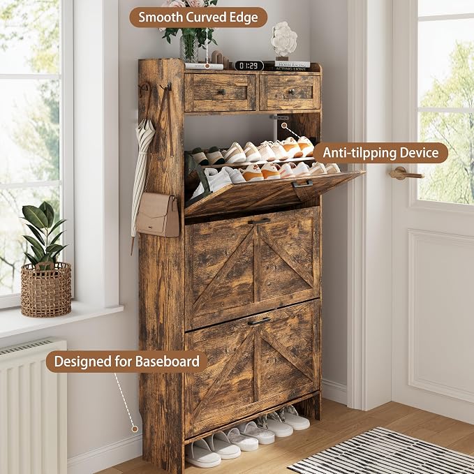 Shoe Cabinet with 3 Flip Drawers & 2 Top Drawers, 57" Tall Freestanding Narrow Wooden Shoe Storage Organizer for Entryway, Hidden Slim Shoe Rack for Front Door Entrance, Hallway, Living Room, Brown