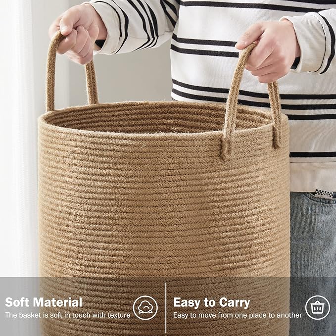 YOUDENOVA Jute Rope Laundry Hamper Basket, 58L Blanket Basket for Nursery | Large Woven Laundry Hamper with Sturdy Handles, Collapsible Home Decor Laundry Basket for Laundry, Clothes, Toys in Bedroom