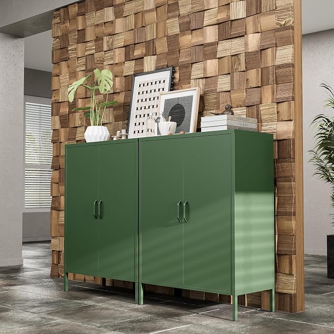 Bevivog Green Metal Locker Cabinet with 2 Doors, Metal Accent Cabinets with 2 Adjustable Shelves Home Office Storage Lockers Sideboard for Kitchen Living Room Hallway Entryway