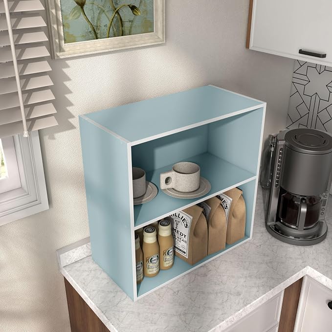 Homes: Inside + Out Apexa 2-Tier Cube Storage Organizer Shelves, Stackable Wood Bookcase Fits Cubby Bins for Organization, Dorm Teen Room Decor & Home Office, Light Blue