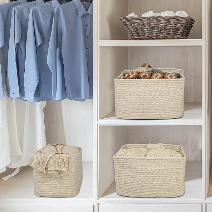 XUANGUO Woven Cotton Rope Storage Baskets 15x10x9.3" 3 Pack Oatmeal | Decorative rectangular storage baskets for shelves and closets; storage bins organize clothes, toys, books and nursery items