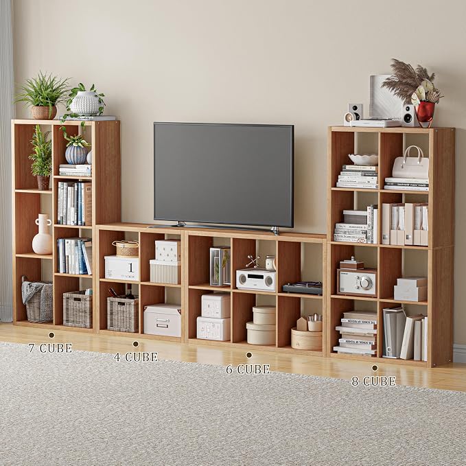 VDNEND Cube Storage Organizer Bookcase, Decorative 11 inch Open Back Cubical Shelf with Thickened Border, Display Bookshelf for Living Room, Home Office, Sturdy Room (Natural Oak, 4 Cube)