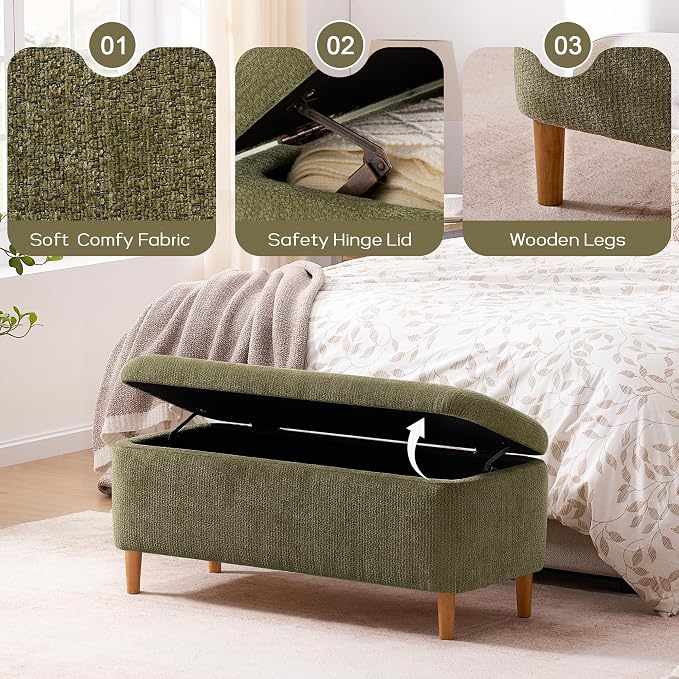 39.4" Ottoman with Storage Upholstered Storage Bench for Living Room | Modern Fabric End of Bed Bench Footstool with Wooden Legs Ottoman Bench for Window Hallway Entryway Bedroom Green