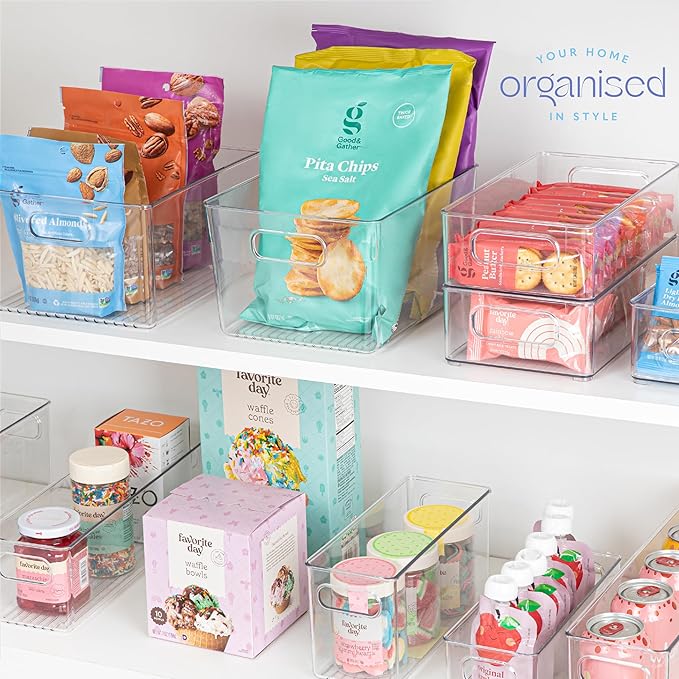 Plastic Food Storage 6 Pack Clear Container Bin with Handles for Organizing Kitchen, Pantry, Refrigerator, Freezer, Pantry, Cabinet, Closet, Bathroom. 10”x4”x5”