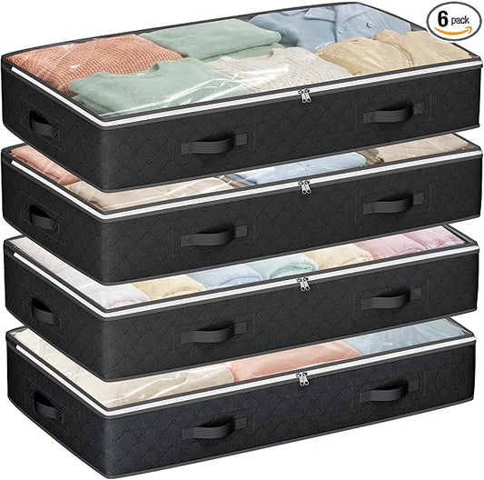 Budding Joy 90L Under Bed Storage, 4 Pack Closet Organizers Black | Foldable underbed storage bins for linen sheets, blanket, clothing, comforter, sweaters, pillows, wrapping paper