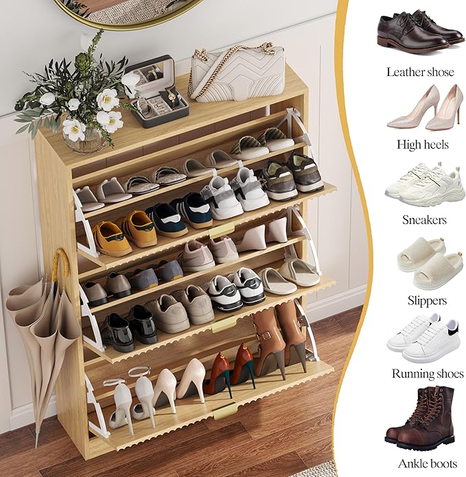 HUANLEGO Shoe Cabinet Storage for Entryway with 3 Flip Drawers, Oak Fluted Shoe Cabinet with Adjustable Shelves, Wooden Hidden Shoe Rack Freestanding Narrow Slim Shoes Storage for Hallway, Entrance