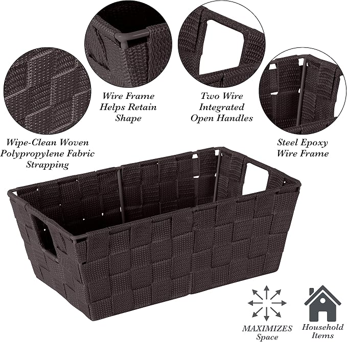 Simplify Small Shelf Woven Strap Tote | Decorative Storage Basket | Built in Handles | Organization | Closet | Bedroom | Bathroom | Nursery | Accessories | Toys | Gifts | 4 Pack | Chocolate