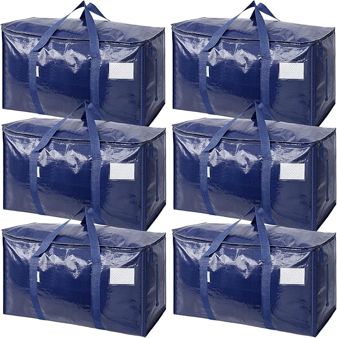 TICONN 6 Pack Extra Large Moving Bags Heavy Duty with Zippers & Carrying Handles, Durable Storage Bags Moving Boxes for Closet Organizers and Storage (6 Pack, Navy)