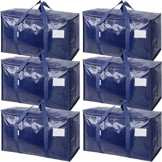 TICONN 6 Pack Extra Large Moving Bags Heavy Duty with Zippers & Carrying Handles, Durable Storage Bags Moving Boxes for Closet Organizers and Storage (6 Pack, Navy)