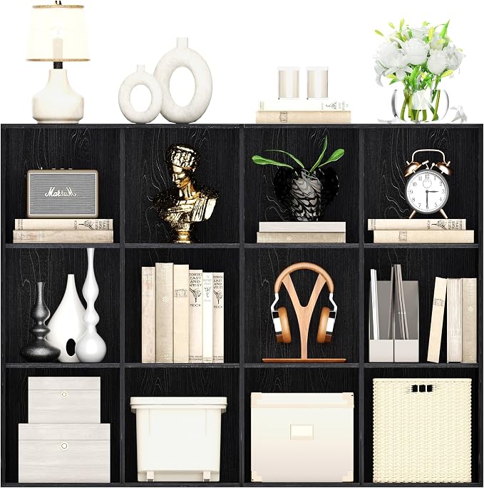 VDNEND Wooden Storage Organizer with Closed Back Panel, 11in Cube Shelf Opening, Bookshelf, Display Shelf,Closet Cabinet for Home and Office (Black, 12-Cube 35.98L*9.45W*47.72H)