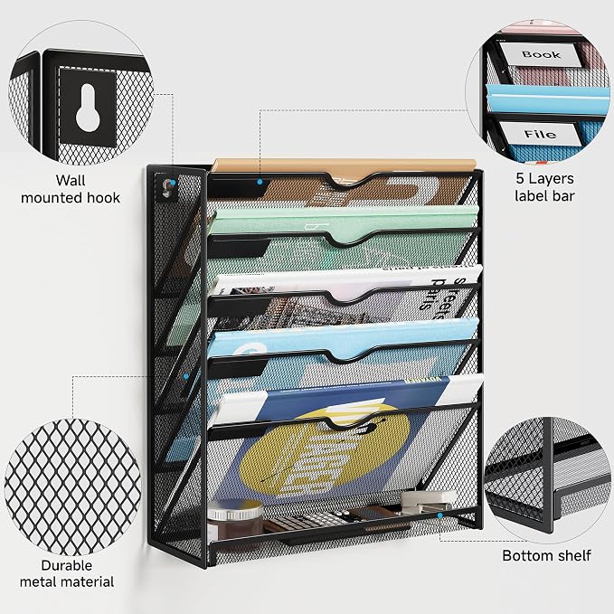 Lavatino 6-Tier Mesh Hanging Wall File Organizer with Hooks – No Installation Needed, Paper Mail Organizer Wall-Mounted File & Magazine folder Holder for Office and Home (Black)