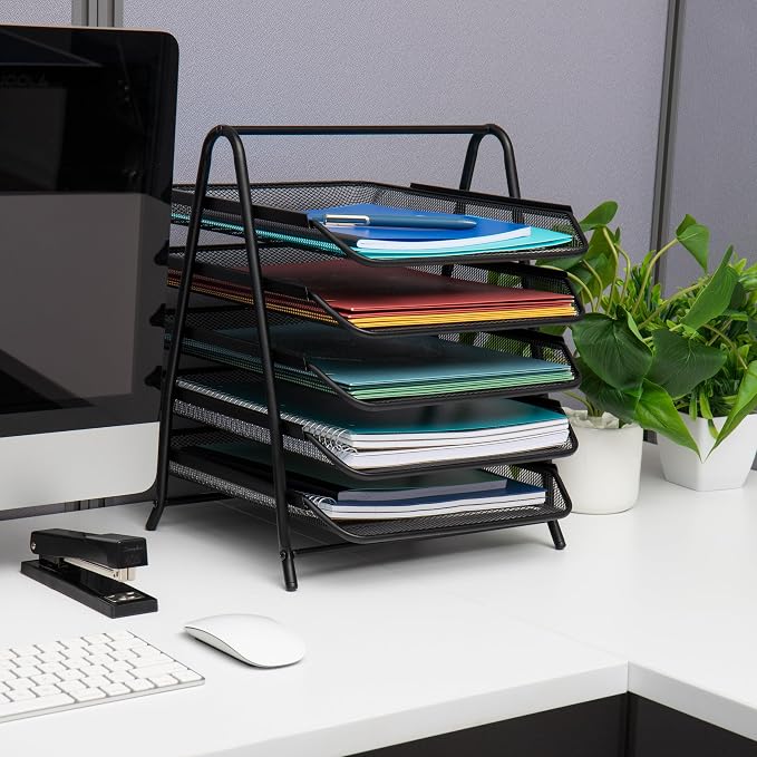 Mind Reader 5-Tier Paper Tray Organizer, Vertical Desktop File Storage Rack, Office, Metal Mesh, Black (Pack of 6)