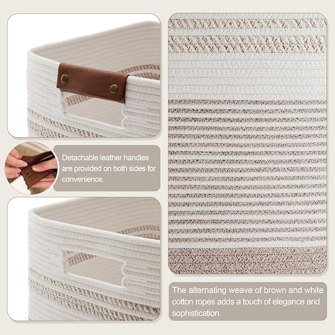 85L Tall Woven Laundry Basket Hamper with Leather Handles,DarkBrown | collapsible wicker hamper, storage for dirty clothes, toys, blankets, gifts, living room, bedroom, bathroom, 17"x14"x22"