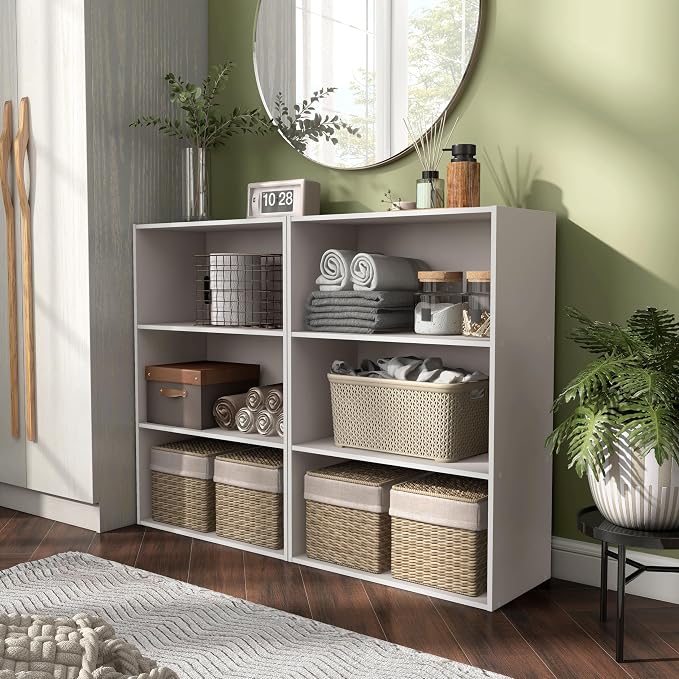 Homes: Inside + Out Apexa 3-Tier Cube Storage Organizer Shelves, Stackable Wood Bookcase Fits Cubby Bins for Organization, Dorm Teen Room Decor & Home Office, Taupe Grey