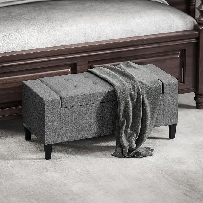 HOMCOM 36" Ottoman with Storage, Lift Top Rubberwood Legs 330 lb Gray | Storage Ottoman Bench, Linen Upholstered Entryway Seat, Living Room, Bedroom