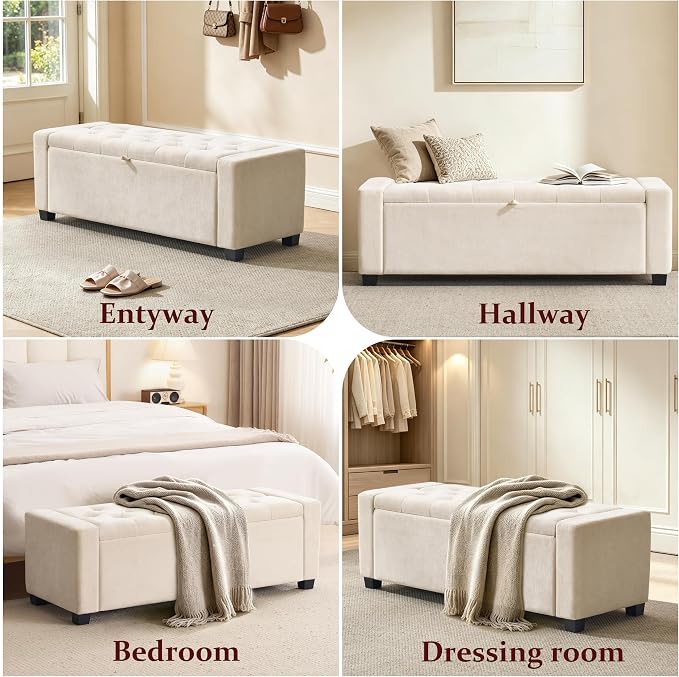 Royal Windsor 48" Ottoman with Storage,Tufted Storage Bench with Safety Hinge,Holds up to 350 lb,Upholstered Bench with Seating for Bedroom,Living Room,Entryway,Linen Beige