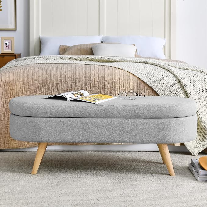 43.5" Ottoman with Storage, Storage Ottoman Bench with Safety Hinge, Linen End of Bed Bench, Upholstered Entryway Bench for Bedroom, Living Room & Window, Holds up to 330 lb, Grey