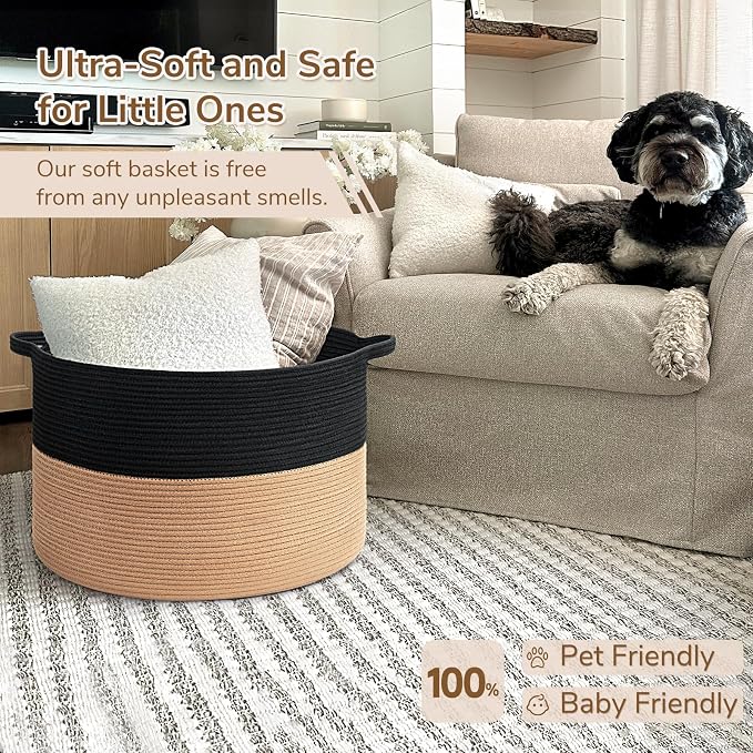 INDRESSME XXXLarge Woven Rope Blanket Basket Living Room Black Camel, 90L | 21.7" x 13.8" Storage baskets for toys laundry & pillows. Fits living room, bedroom or nursery décor. Soft-touch with handles