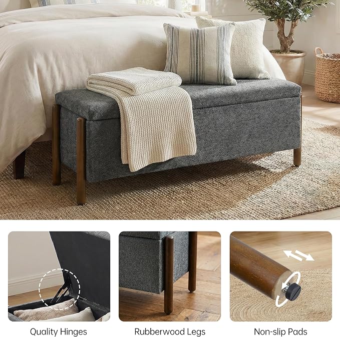 Usaint Wooden Storage Ottoman Bench, 47" Fabric Upholstered End of Storage Bench with Rubberwood Legs, Entryway Bench with Storage for Bedroom, Living Room, Reception, Cloakroom, Charcoal