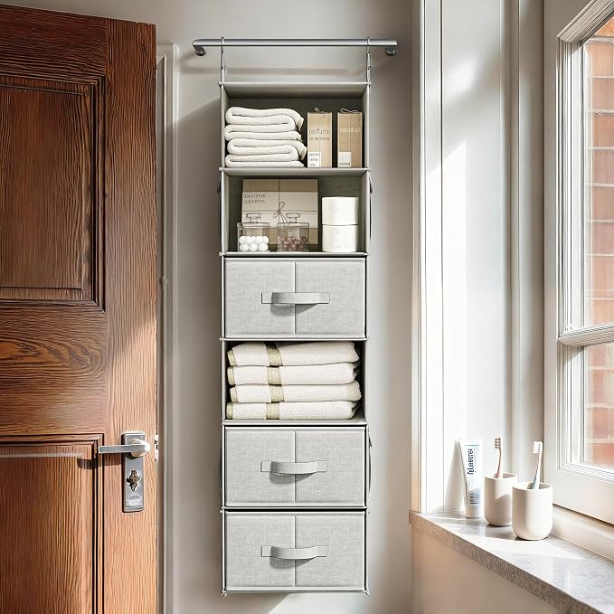Vailando 6-Shelf Hanging Closet Organizer with 3 Drawers, Closet Hanging Shelves with Removable Fabric Drawers for Wardrobe, Nursery & Dorm Storage, Silver Gray