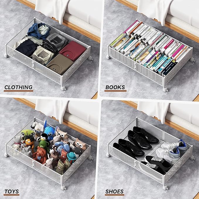 PHINOX Under Bed Storage with Wheels,Patterned,Sturdy Metal,4 Pack,White | Tool-free assembly, glide smoothly, easy reach, foldable, maxmazie low-profile beds, dorm, keep seasonal clothes, shoes fresh