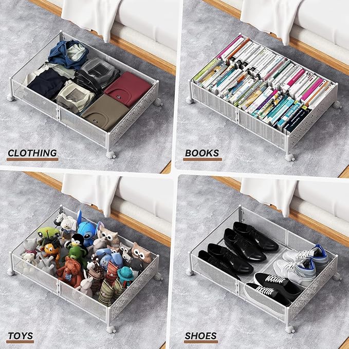 PHINOX Under Bed Storage Container with Wheels,Patterned,Metal,2 Pack,White | Tool-free assembly, glide smoothly, easy reach, foldable, maxmazie low-profile beds, dorm, keep seasonal clothes, shoes fresh