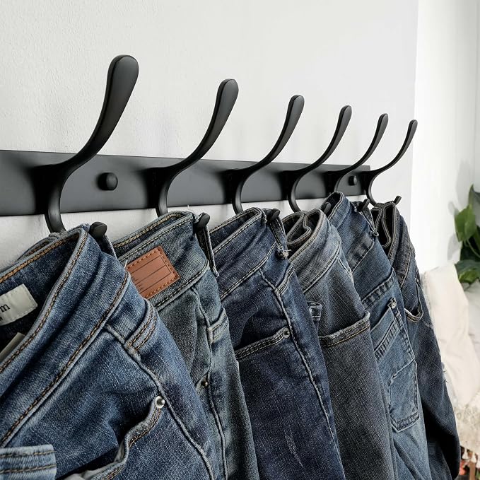 SKOLOO Heavy Duty Wall Mounted Coat Rack - 6 Hooks, Stainless Steel, Pack of 2, Sturdy Coat Hooks for Hanging Clothes, Jacket, Hat, Black