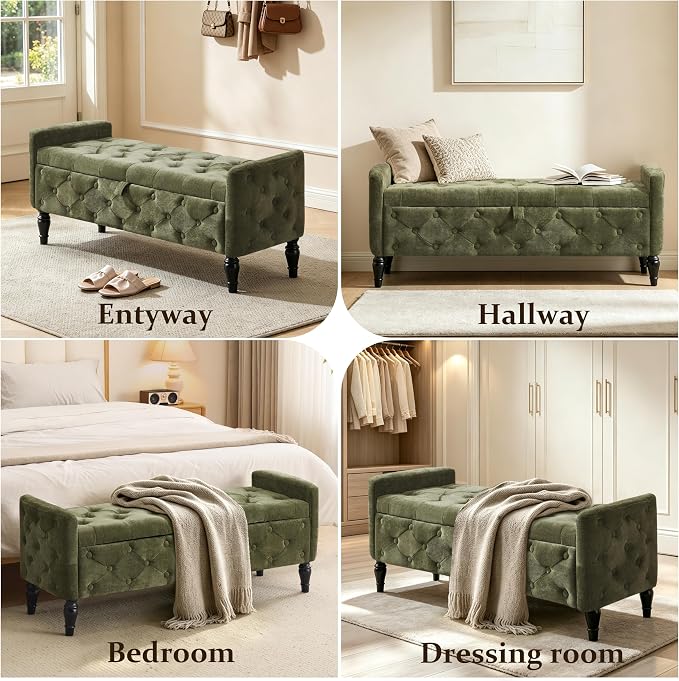 Royal Windsor 48" Ottoman with Storage,Tufted Storage Bench with Safety Hinge,Holds up to 350 lb,Black Wood Legs,Upholstered Bench with Arms for Bedroom,Living Room,Entryway,Linen Green