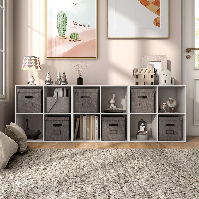 Homes: Inside + Out Apexa 4-Cube Storage Organizer Shelves, Stackable Wood Bookcase Fits Cubby Bins for Organization, Dorm Teen Room Decor & Home Office, Taupe Grey