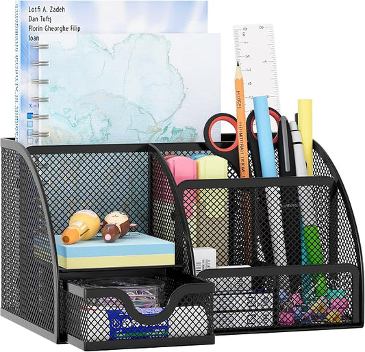 EasyPAG Mesh Desk Organizer with Drawer Multi-functional Pen Holder Stationery Organizer for Office School Supplies 6 Compartments Dorm Organizers and Storage for Desk, Black