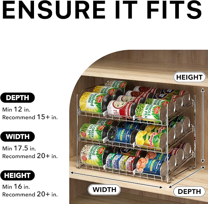 Simple Houseware 3-Tier Stackable Can Organizer Rack Hold 36 Cans, Chrome | Can Food Storage Dispenser for Pantry/Cabinet, Adjustable Dividers – 11.5" D x 17" W x 13.75" H