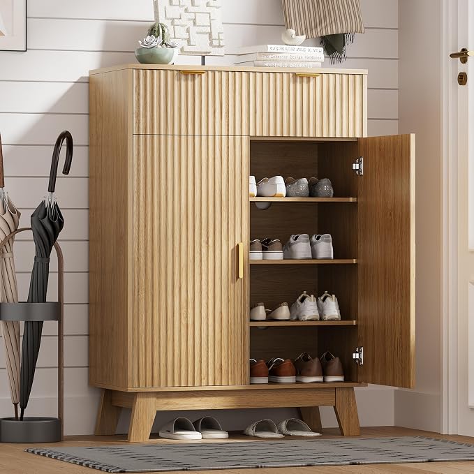 HUANLEGO Shoe Cabinet Storage for Entryway with Doors, Oak | 4 Tier Fluted Shoe Organizer with 2 Drawers, Shoe Storage with Adjustable Shelves, Freestanding Hidden Shoe Rack for Entryway