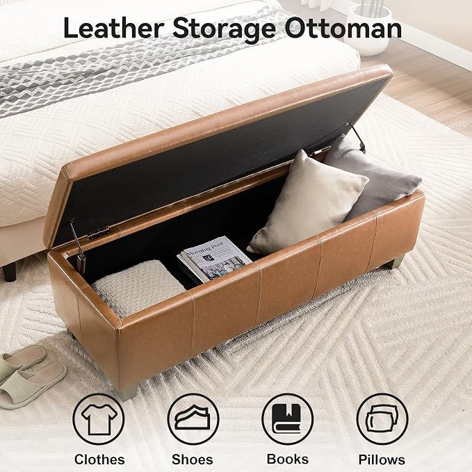WUTUTUEE 41" Faux Leather Storage Ottoman, Stitch Tufted Rectangle Upholstered End of Bed Storage Bench, Entryway Large Couch Ottoman with Wooden Legs, Light Brown