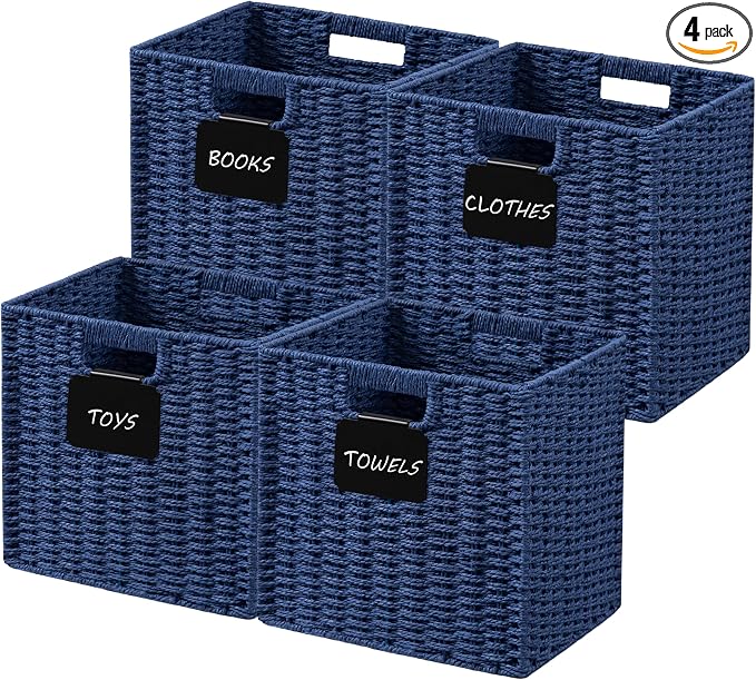 UBBCARE 4 Pack Wicker Basket, 10.5×10.5 Storage Cubes with Label, Foldable Cube Storage Bin with Handle, Square Storage Basket for Shelves, Woven Paper Rope Basket for Organizing, Blue