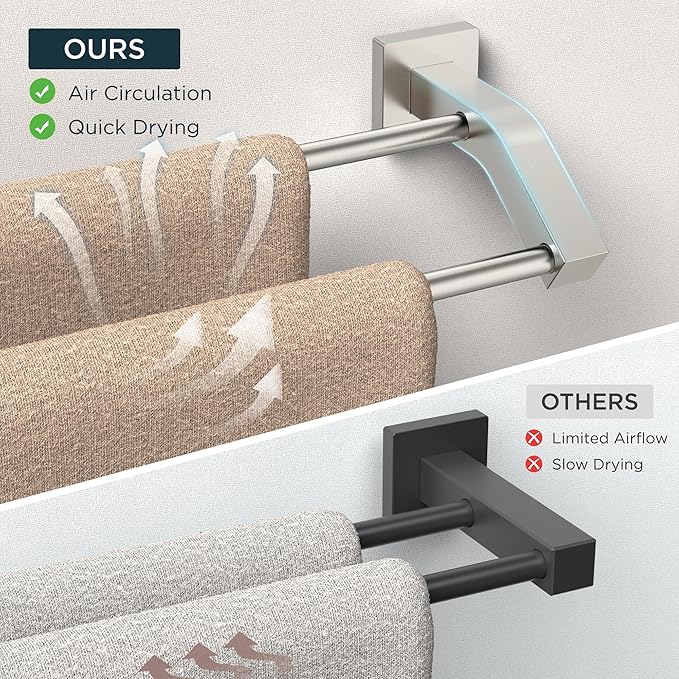 FORIOUS Double Towel Bar 24", Bathroom Towel Rack Square Brushed Nickel | Heavy Duty Towel Racks for Bathroom Bedroom, Space Saving, Rustproof, Stainless Steel Towel Holder, Total Length 26 Inch