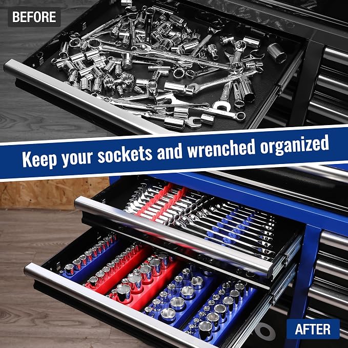 WORKPRO 8-Piece Magnetic Socket and Wrench Organizer Set | 6-Piece Socket Holders, 1/4" 3/8" 1/2" DR Tool Trays, For Metric SAE Sockets, 2-Piece Wrench Holders, For Metric SAE Wrenches
