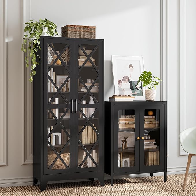 71" Tall Display Cabinet with Glass Doors, Farmhouse Metal Storage Glass Cabinet with 4 Adjustable Shelves, Black Vintage Tall Storage Cabinet for Collectibles,Curio, Books, Chinaware, Figures