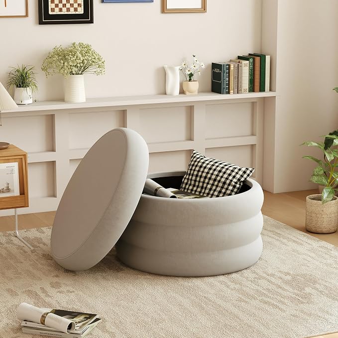 KROFEM 26.3" Wide Round Velvet Ottoman,Storage Foot Stool with Removable Top for Living Room,Dressing Room and Bedroom,Gray