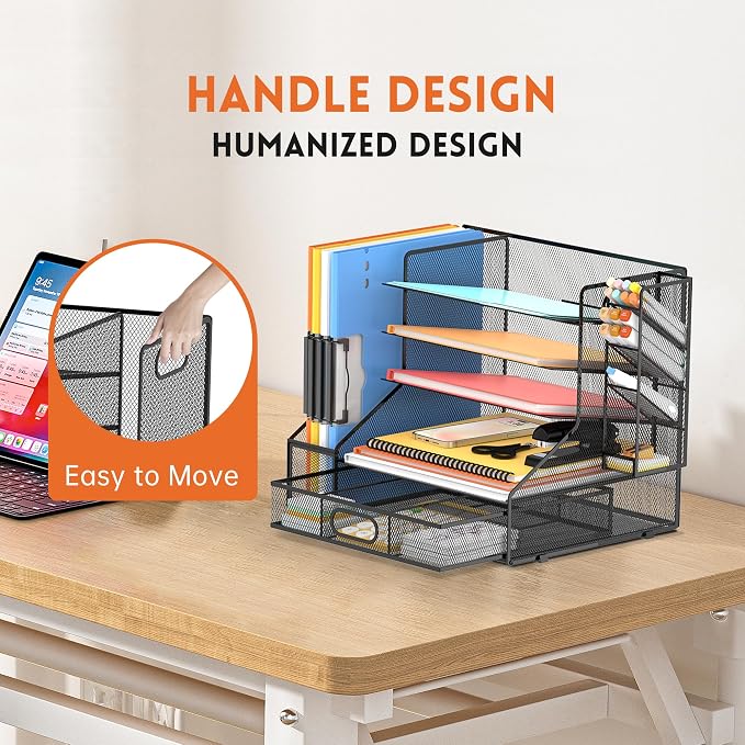 5-Tier Desk Organizer with File Holder & Pen Holder & Sliding Drawer, Black | Mesh Metal Paper Letter Tray for Papers, Mail, Office Supplies, and Desk Accessories