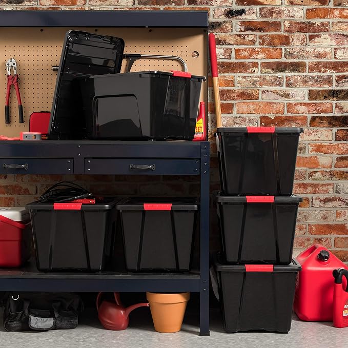 IRIS USA 6-Pack 54 Quart Storage Bins with Lids, Black | Black finish conceals stored items. Perfect for moving, blankets, clothing, and garage storage. Nestable design saves space