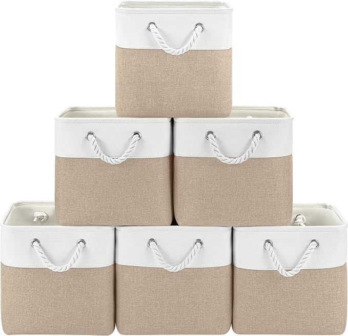 Patvingot 11-Inch Fabric Cube Storage Bins with Handles,6 Pack,Foldable | For cube shelves and closets,keeps grouped for everyday access,reinforced opening and fold-flat storage,white and khaki