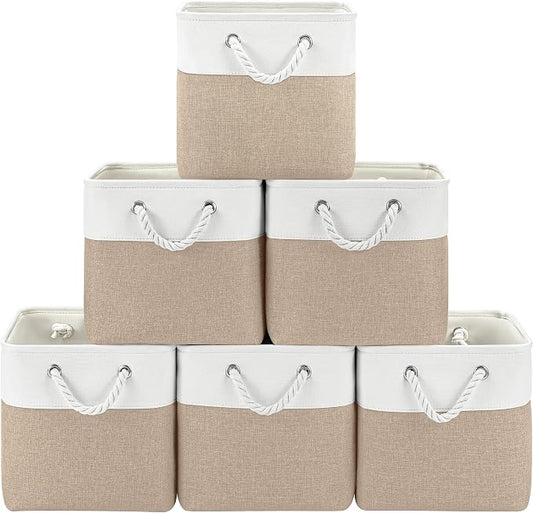 Patvingot 11-Inch Fabric Cube Storage Bins with Handles,6 Pack,Foldable | For cube shelves and closets,keeps grouped for everyday access,reinforced opening and fold-flat storage,white and khaki