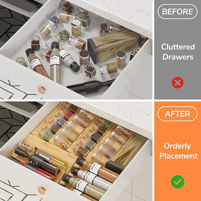 AMBIRD Bamboo Spice Drawer Organizer with Non-slip Mat,4 Tier - 2 Set Jar Spice Rack Tray From 12''to 24'',Hold up 48 Jars Seasoning Organizer for Kitchen,Cabinet,Drawers,Countertop