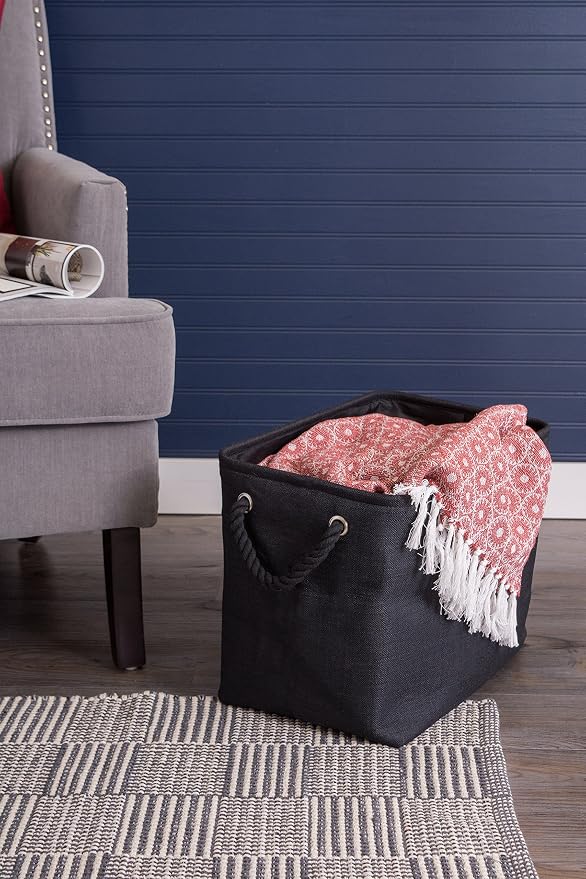 DII, Collapsible Variegated Polyester Storage Bin with Cotton Handles Small Black