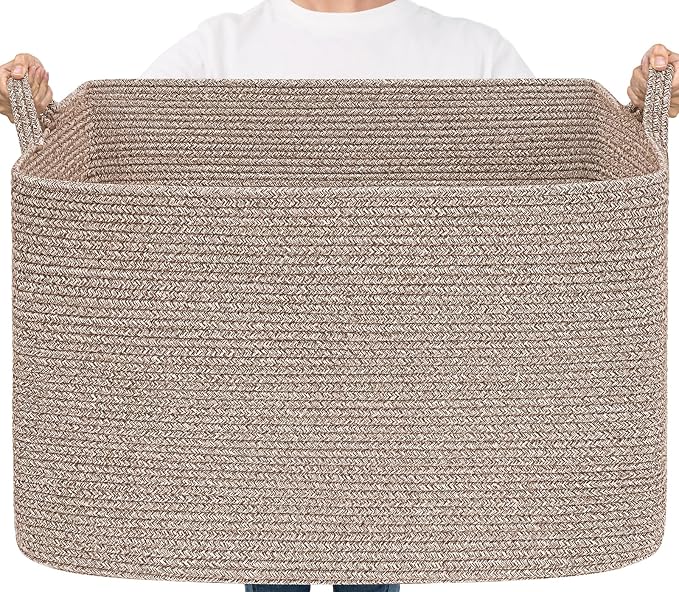 Goodpick 105L Extra Large Woven Blanket Basket, Cotton Rope, Brown | 25 x 16 x 16 in, Rectangle, Blankets, Clothes, Toys & Pillows Storage, Living Room, Bedroom & Nursery Organization