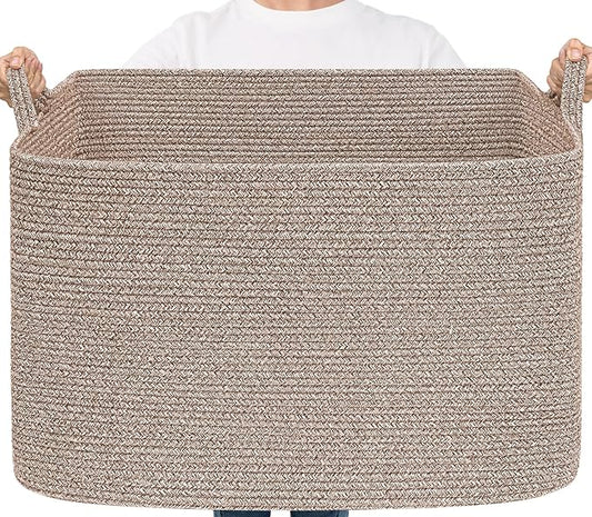 Goodpick 105L Extra Large Woven Blanket Basket, Cotton Rope, Brown | 25 x 16 x 16 in, Rectangle, Blankets, Clothes, Toys & Pillows Storage, Living Room, Bedroom & Nursery Organization