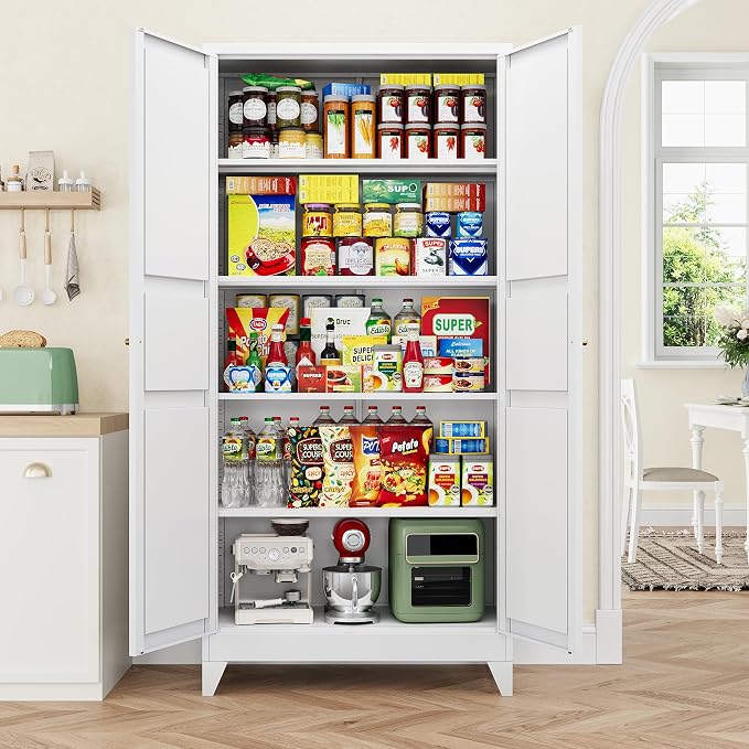Letaya 75" H Metal Storage Cabinet with 2 Doors and 4 Shelves,Tall Kitchen Pantry Cabinets,Farmhouse Utility Pantry Organizers for Cupboard/Dining/Bathroom/Home Office/Garage Room,White