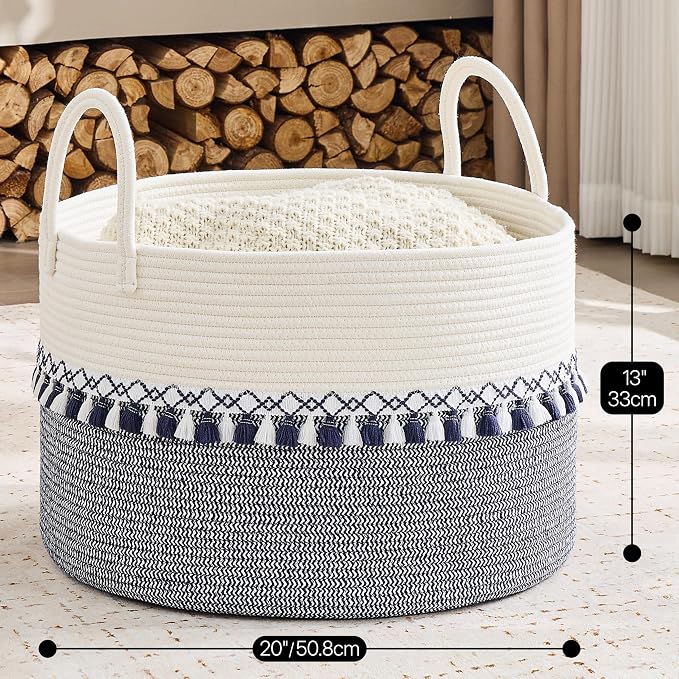 KAKAMAY Large Blanket Basket with Handles, Storage Basket for Living Room | Extra Large Capacity | Natural Cotton Rope | Blanket Storage | Woven Storage Basket | Stuffed Animal Storage | Laundry Basket