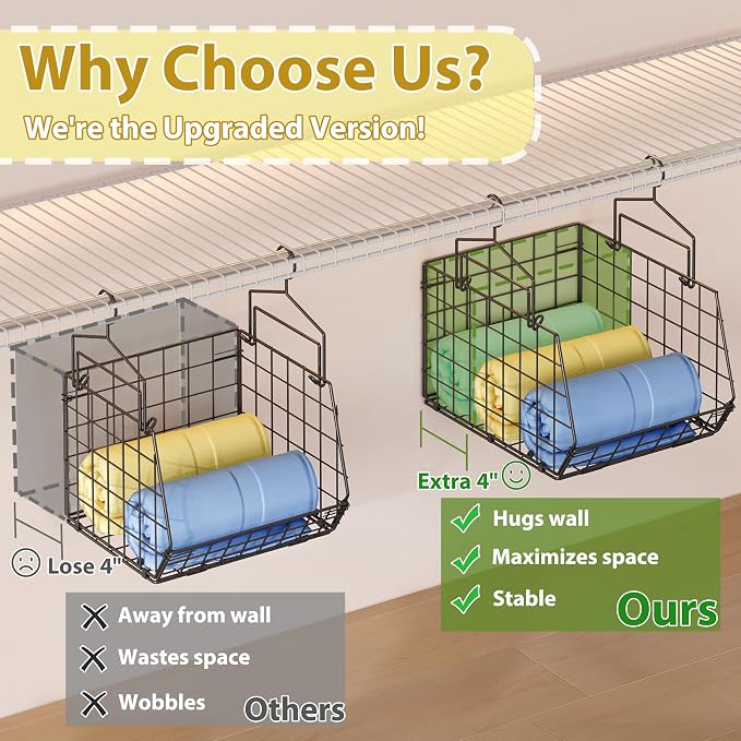 6-Tier Extended Depth Hanging Closet Organizers and Storage for Closet Organization, Stackable Hanging Shelves with Hooks for Clothes Sweaters Towels Purses, Fits Closet Shelves & Wire Metal Shelving