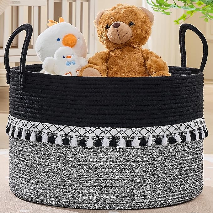 KAKAMAY Large Blanket Basket with Handles, Storage Basket for Living Room | Extra Large Capacity | Natural Cotton Rope | Blanket Storage | Woven Storage Basket | Stuffed Animal Storage | Laundry Basket